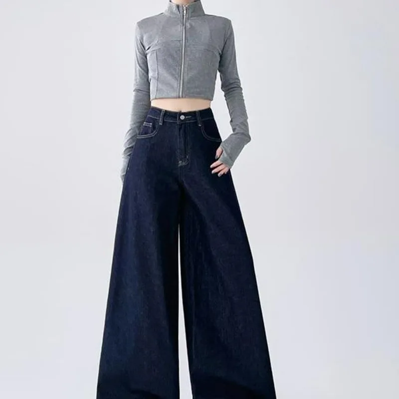 Retro-Hose, dunkelblau, amerikanische Jeans, weite Beine, 2022, neuer Frühling, zum Verstecken von Fleisch, hohe Taille, lockere Wischhose, kleiner, frischer Stil