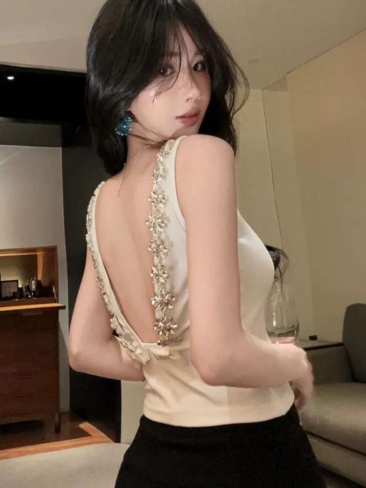 

Sweet Chic Knot Backless Crop Top Women's Summer New Style Short Fashion Vest Heavy Embellished Perfume Wind