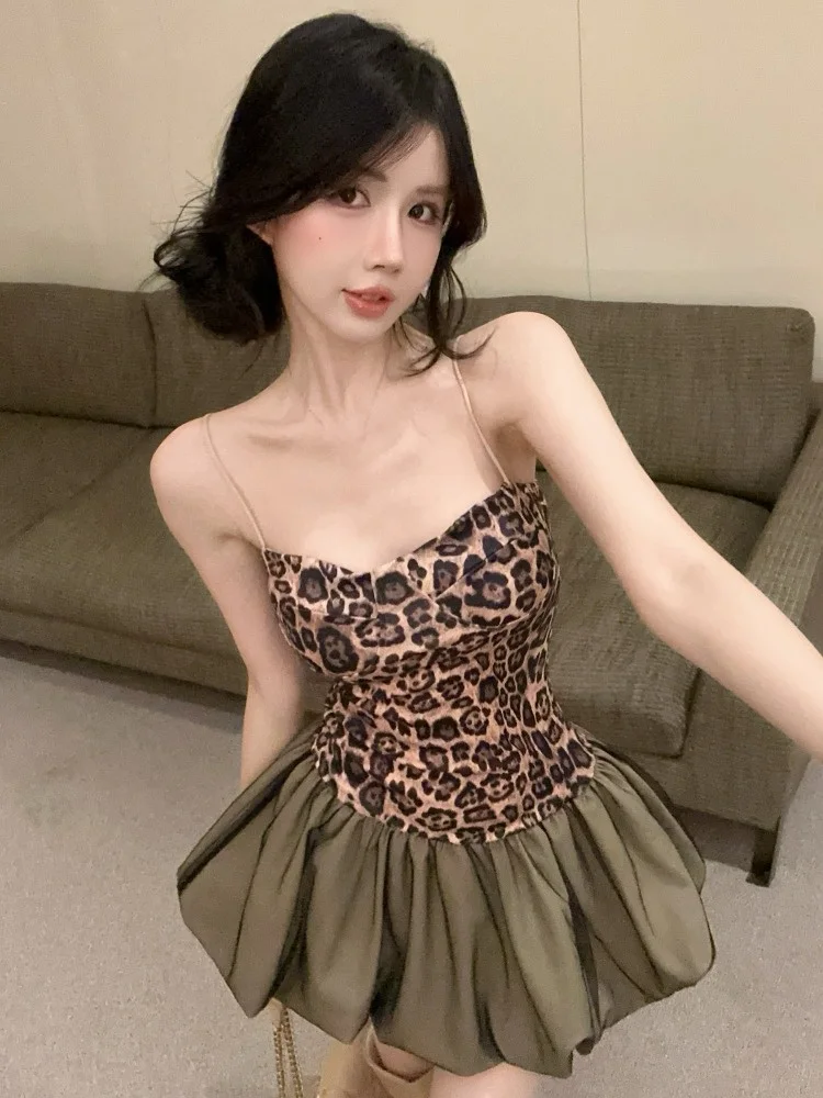 

Sexy Leopard Print Patchwork Halter Dress Women's Summer New Pure Desire Slimming High Waist Puffy Skirt Short Skirt