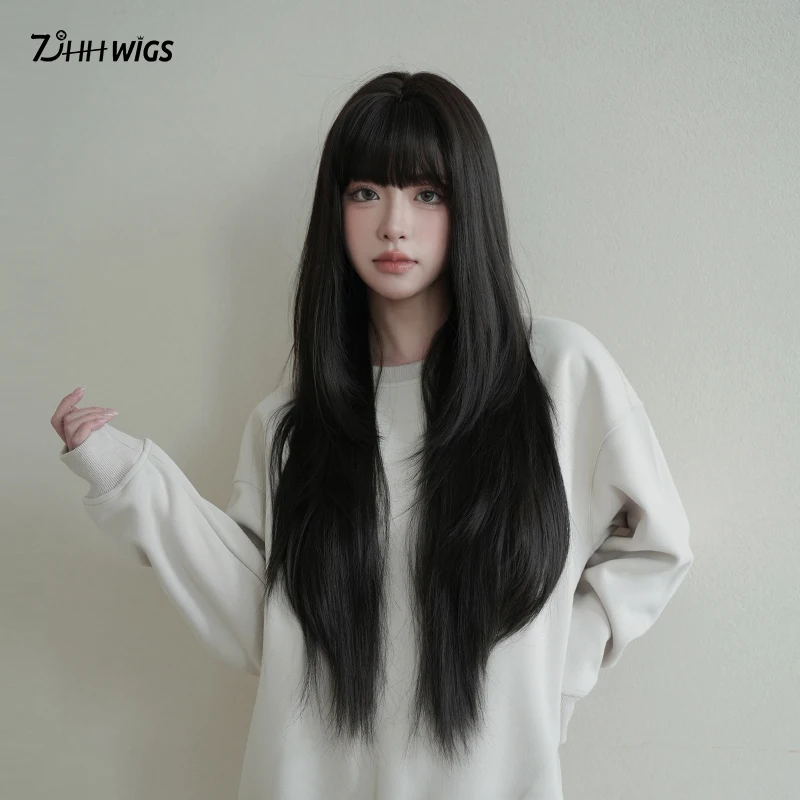Routine-Perücke, lange, gerade, schwarze Perücke mit Pony, hochdichte synthetische Perücken für Frauen, täglicher Partygebrauch, hitzebeständige Faser, 31,49