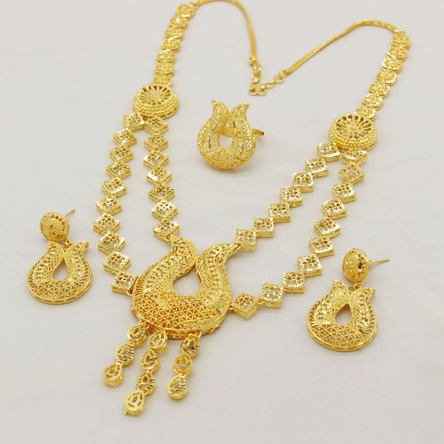 Adixyn Indian Bridal Jewelry Sets Ethiopian Dubai Gold Color Necklace Earrings Ring Sets Luxury Nigerian Wedding Gifts N09033