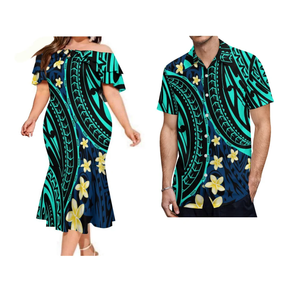 

Lotus Off-Shoulder Dress Sexy Slim-Fit Maxie Polynesian Couple Matching Clothing Hawaiian Men'S Formal Shirt Samoa Short Sleeves