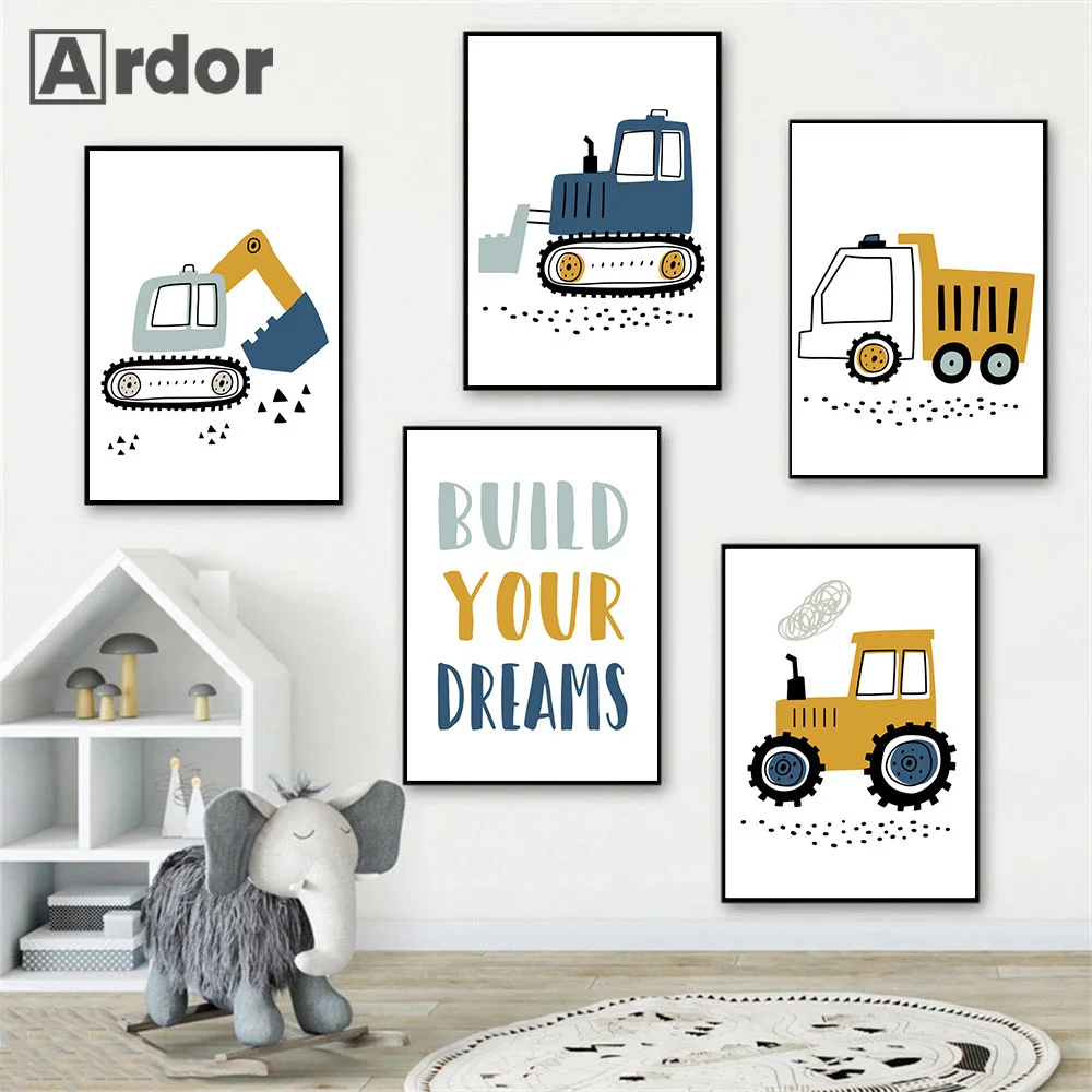 Cartoon Crane Excavator Tractor Truck Wall Art Canvas Painting Nursery Print Child Poster Nordic Wall Pictures Boys Room Decor