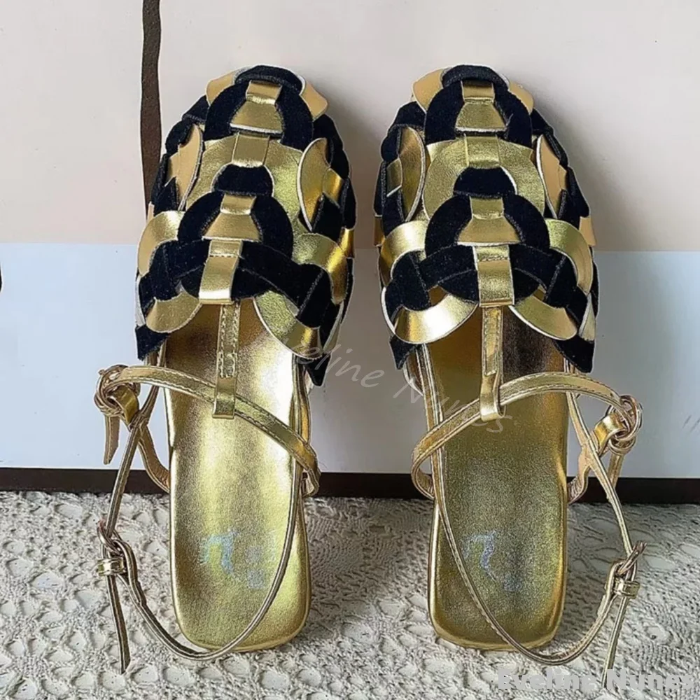 

Colorblock Weave Flat Sandals Women Round Toe Hollow T-tied Baotou Casual Slippers 2024 Summer New Fashion Versatile Roman Shoes