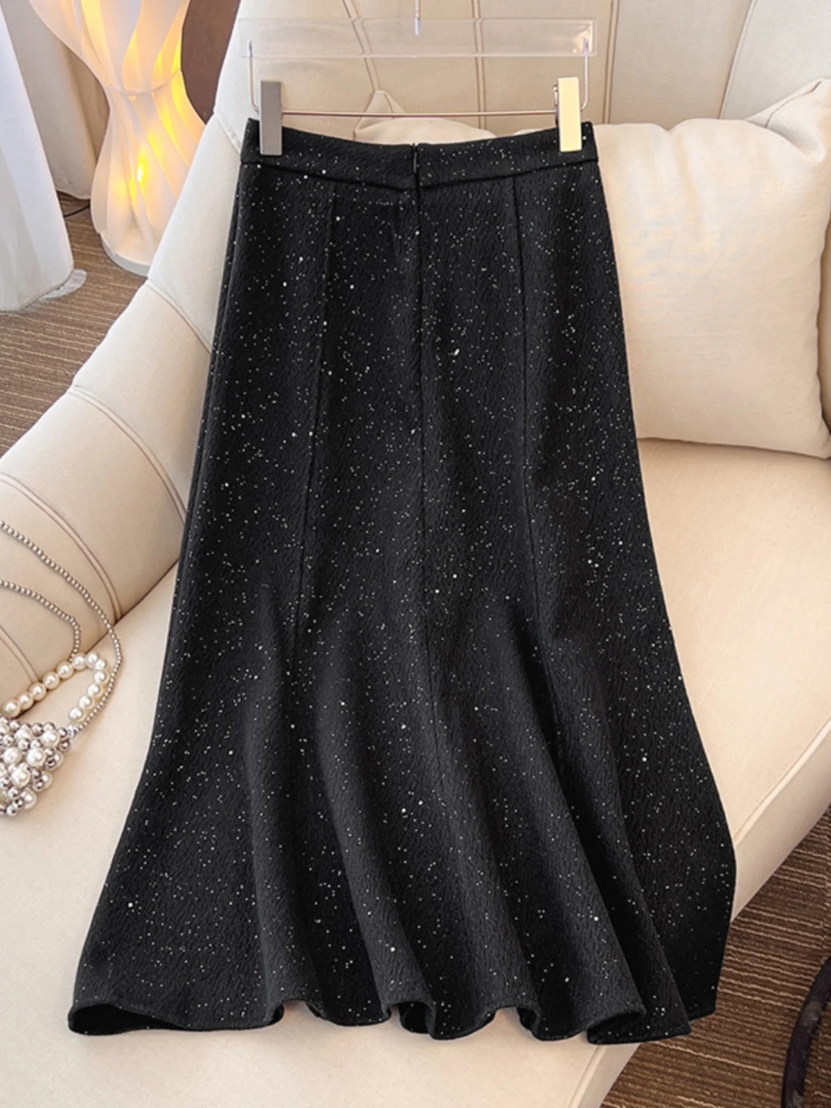 High Waist A-Line Midi Skirt Fish Tail Design Starry  Pattern Woolen Material Korean Style Commute Scene Ladies Skirt