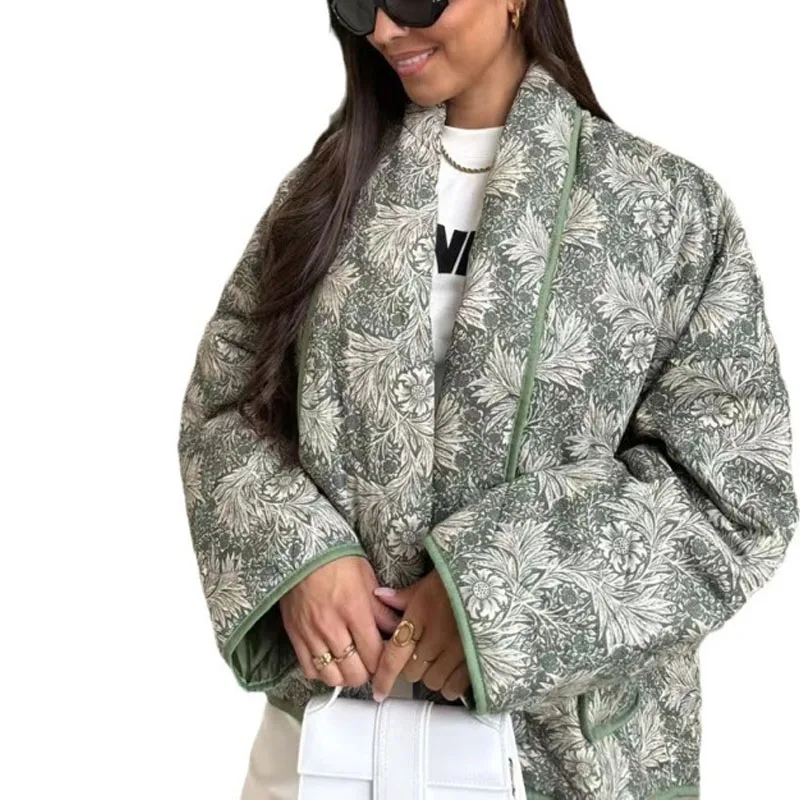 2023 New Autumn and Winter Fashion Print Round Neck Pleated Quilted Cotton Long Sleeve Temperament Loose Buckle Women's Coat