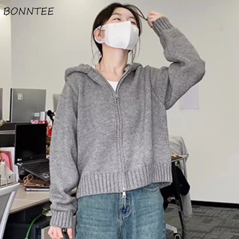 Gray Hooded Cardigan Women Solid Zip-up Coat Warm Sweater Korean Style Knitted Soft Cozy Simple Autumn Winter Classic New