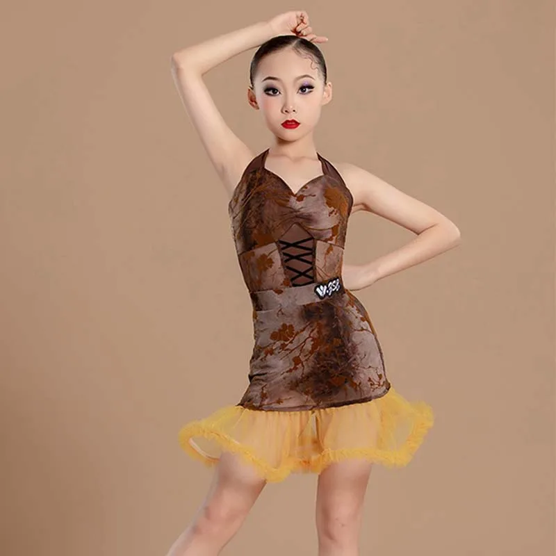 

New Latin Dance Practice Dress For Girls Halter Bodysuit Splicing Skirt Kids Samba Rumba Performance Costume Traning Suit DL1083