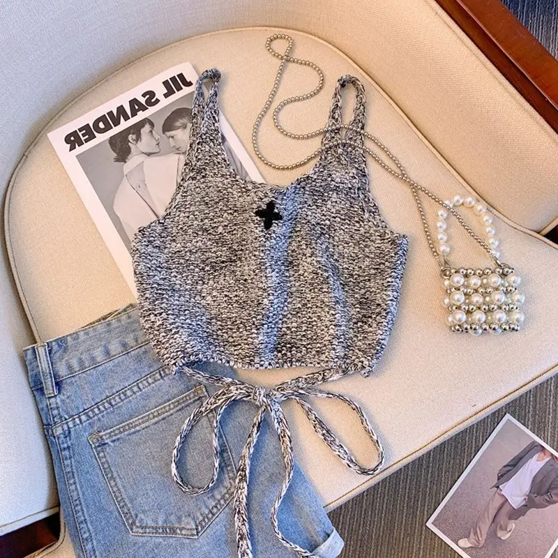 Femme Trend Sexy Embroidered O-neck Sleeveless Crop Top Summer Fashionable Lacing Interior Lapping Fashion Knitting Top Tee