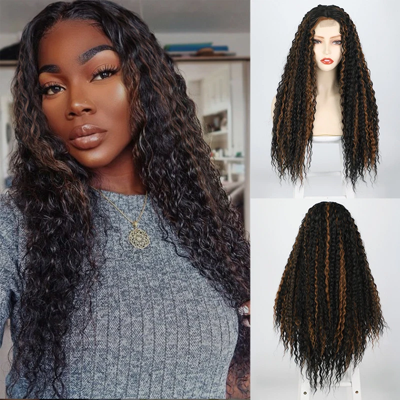 European and American women's wig, front , lace, middle parting, long hair, African highlights, small curly