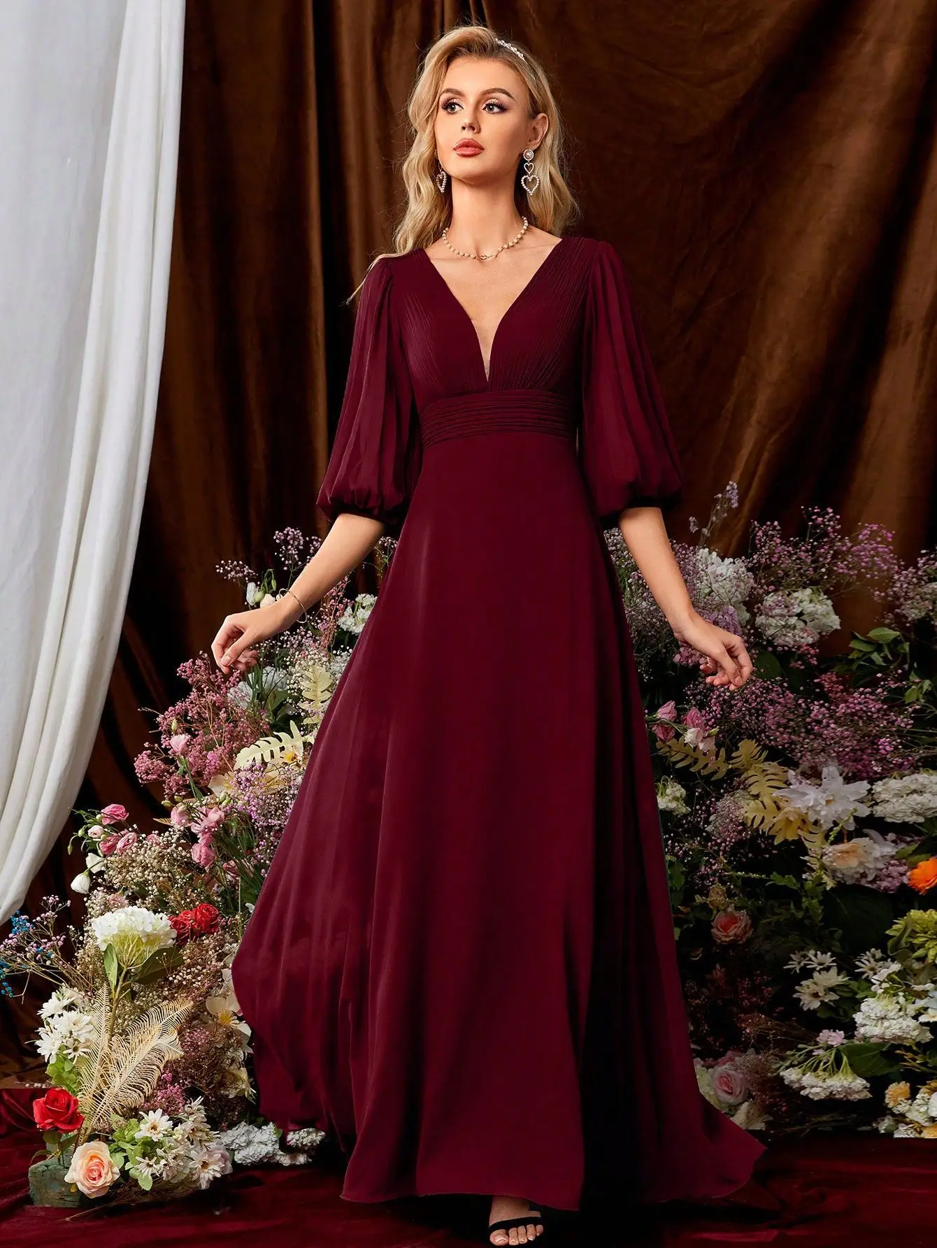 Long Dress Luxury Woman Evening Dress Ceremony Burgundy Red Dress For Christmas Eve Chiffon Wedding Party Dress 2025