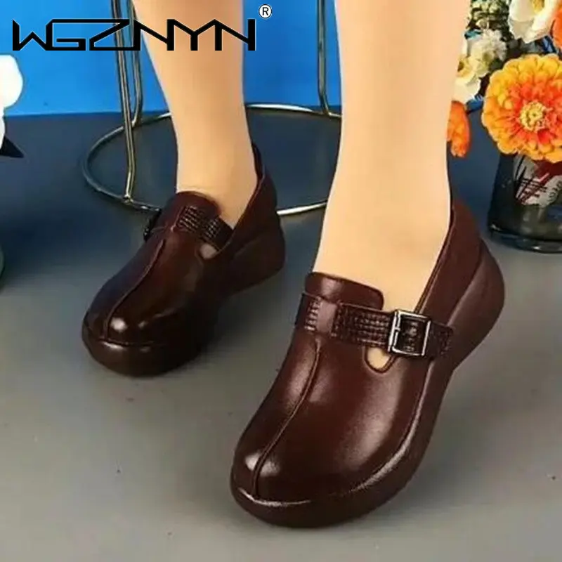 NEW Ethnic Women Retro Shoes Genuine PU Leather Platform Wedge Summer Women Plus Size Leisure Moccasins Sneakers Breathable Shoe