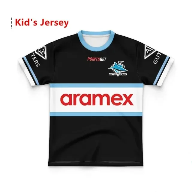 Anpassung 2023 Cronulla Sharks Kinder-Set, Kapuzenpullover, Mütze, Heim-/Auswärtstrikot, Größe: 16–26 (Drucken Sie individuelle Namensnummer auf)