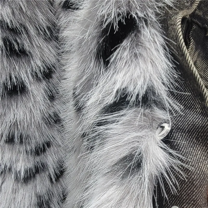 ANJY Autumn Winter New Women's Denim Leopard Print Fur Collar Thickened Warm Padded Coat Distressed Patchwork Hole Jacket A14307