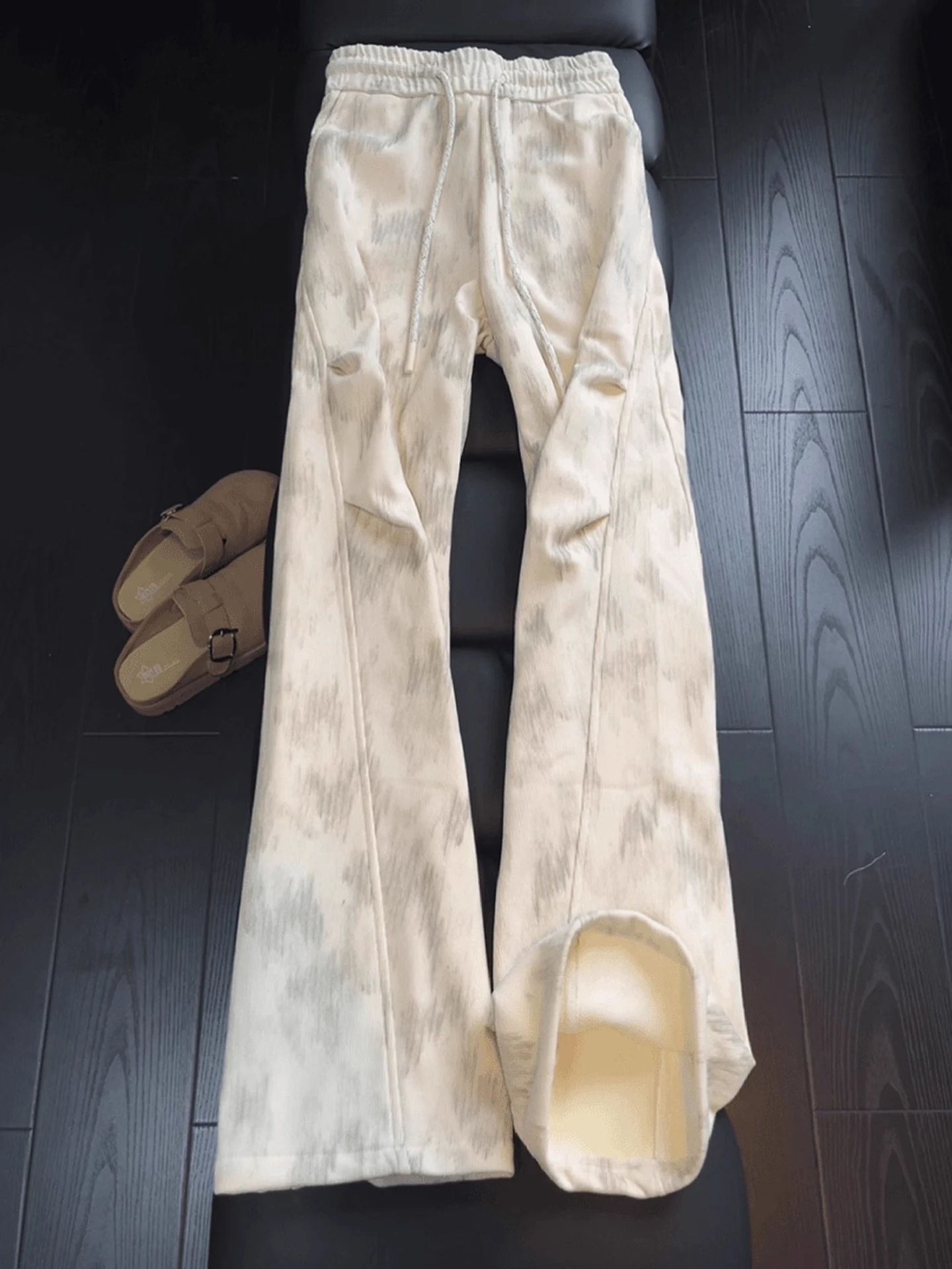 

American Sle Men's Fce Lined Straight Leg Casual Pants Autumn Winter Thiened Spor Loose Fit Tied Dye Sweatpants