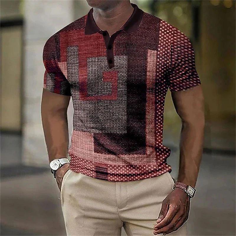 Vintage Men's Patchwork Short-Sleeve Polo Shirt Summer Streetwear Casual Fashion Top for Men Stylish Lapel Polo Shirt