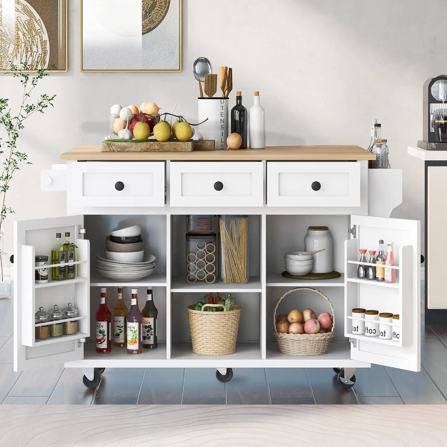 Multipurpose Kitchen Cart Cabinet with Rubber Wood Drop-Leaf Countertop, Storage Cabinet W/ 5 Wheels & 3 Drawers, White