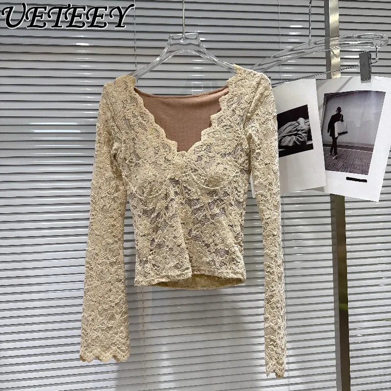 Autunno Inverno Nuovo Sexy Scollo a V Bordo ondulato Slim Fit Manica lunga Top in pizzo Versatile camicia a base corta in tinta unita per le donne