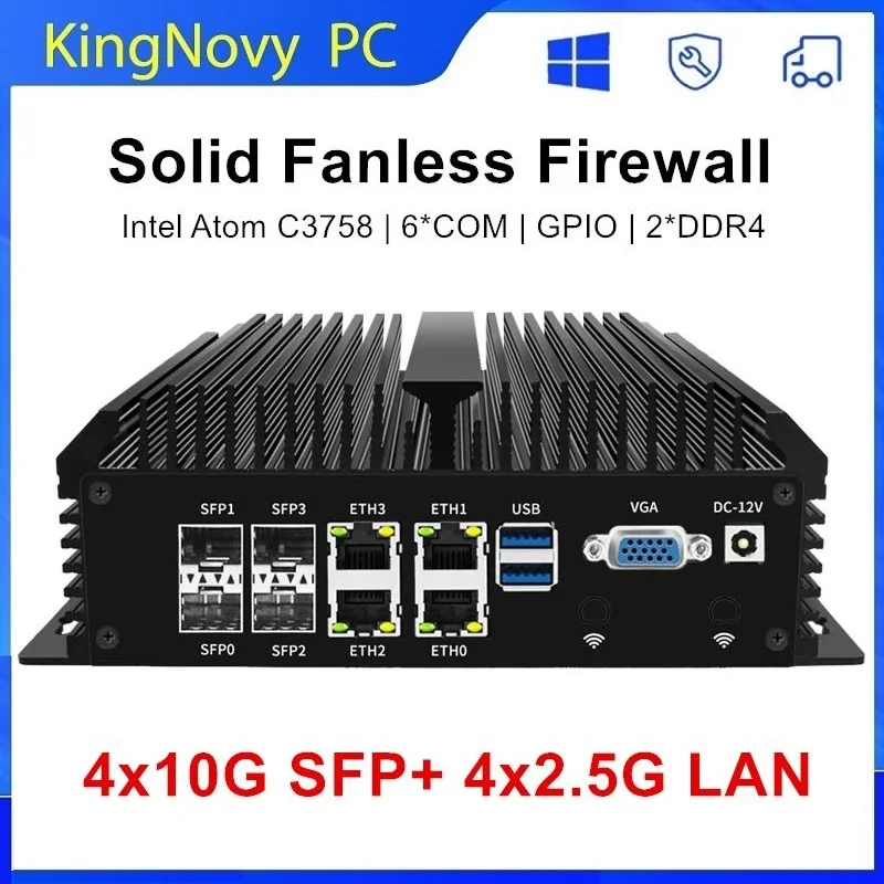 Topton Solid Mini PC Fanless 4x10G SFP+4xi226-V 2.5G LAN Intel Atom C3758 8 Core Firewall Router mini computer GPIO 6*COM AES-NI