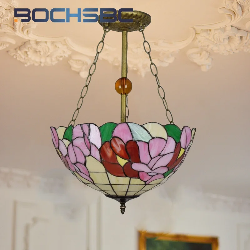 BOCHSBC Tiffany Vintage style deco stained glass chandeliers Bar living room Dining room bedroom hanging reverse pendant light