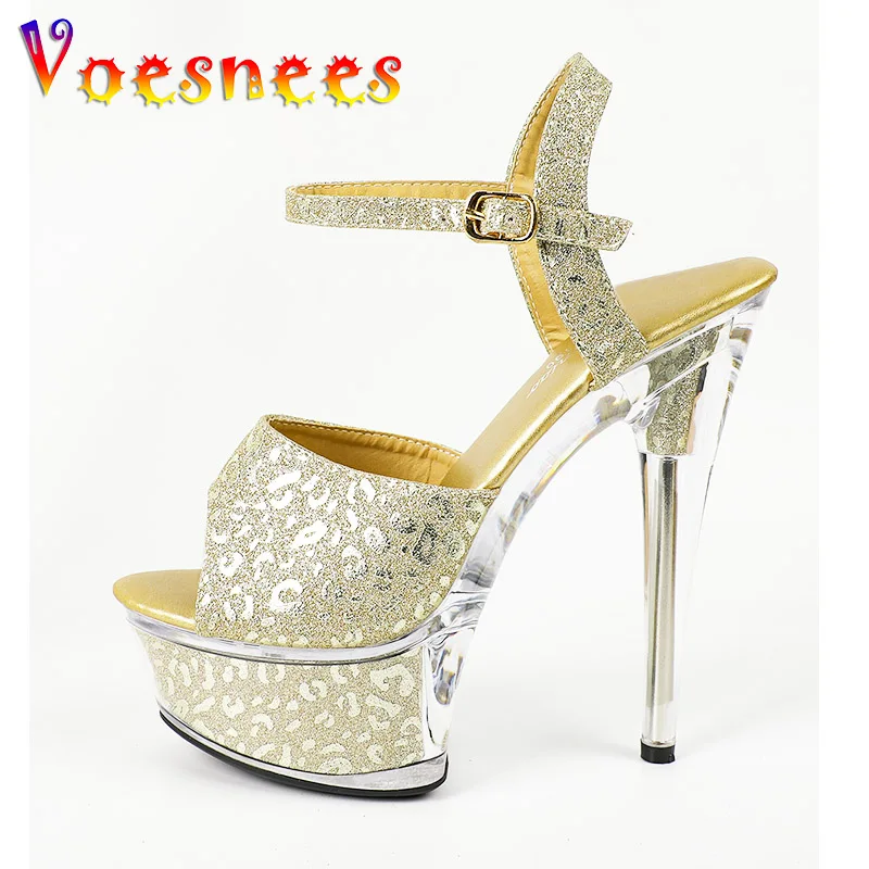 Women New Golden Emboss High Heels Ankle Strap Gladiator Sandals 15CM Stiletto Party Shoes 2023 Thick Bottom Stage Perform Pumps