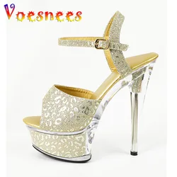 Donne New Golden Emboss tacchi alti cinturino alla caviglia sandali gladiatore 15CM scarpe da festa a spillo 2023 spessore inferiore Stage eseguire pompe