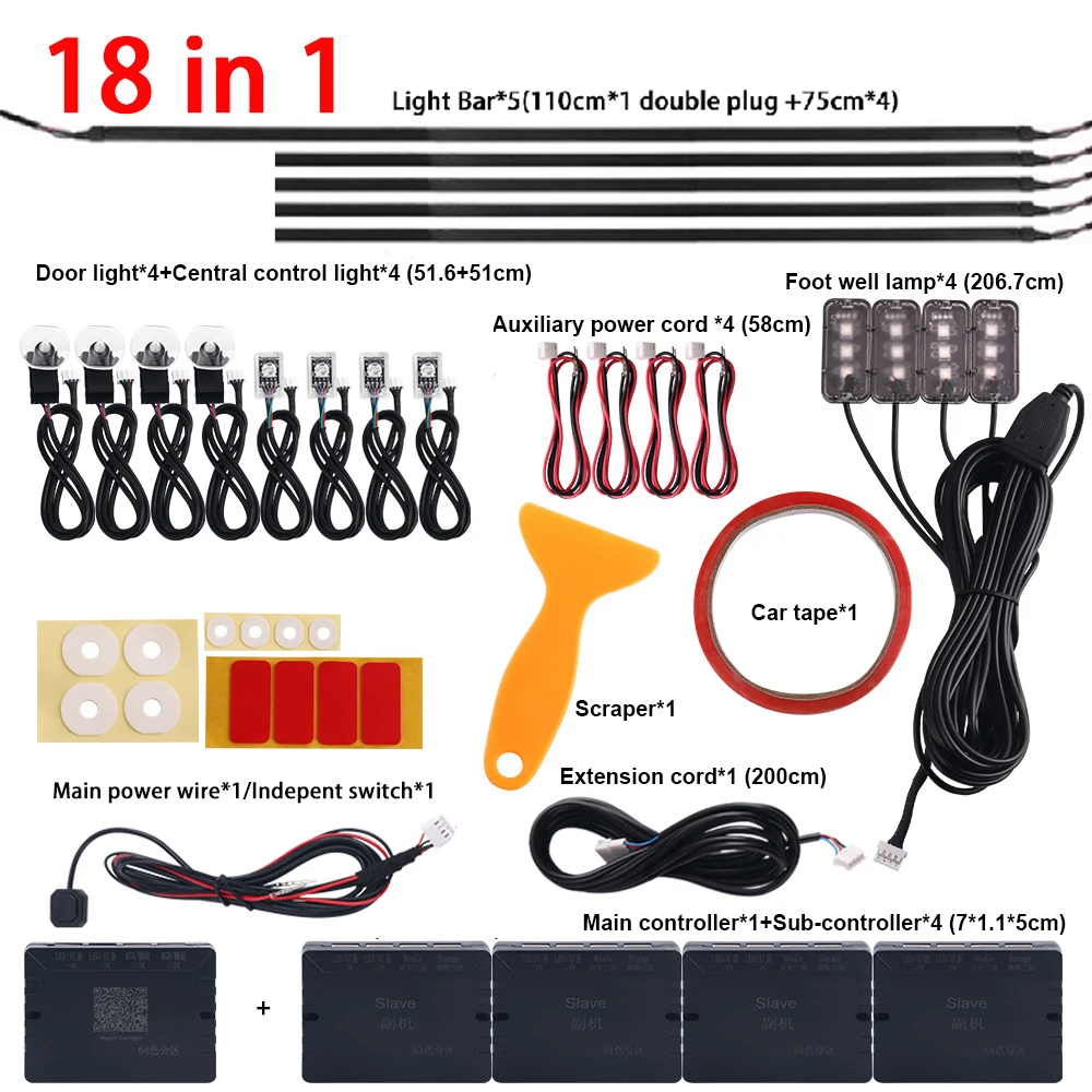 Dual Zone 18 in 1 Full Color Streamer Auto Omgevingslicht RGB 64 kleuren LED Interieur Acrylvezel Strip Decoratie Sfeerlamp