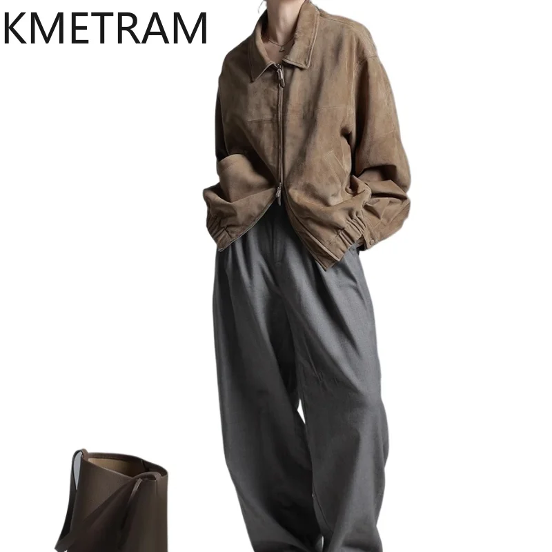 Kurtka damska KMETRAM z naturalnej skóry owczej zamszowej z poduszkami na ramiona, retro, skóra naturalna, odzież, krótki płaszczyk skórzany na jesień 2025, kurtka skórzana