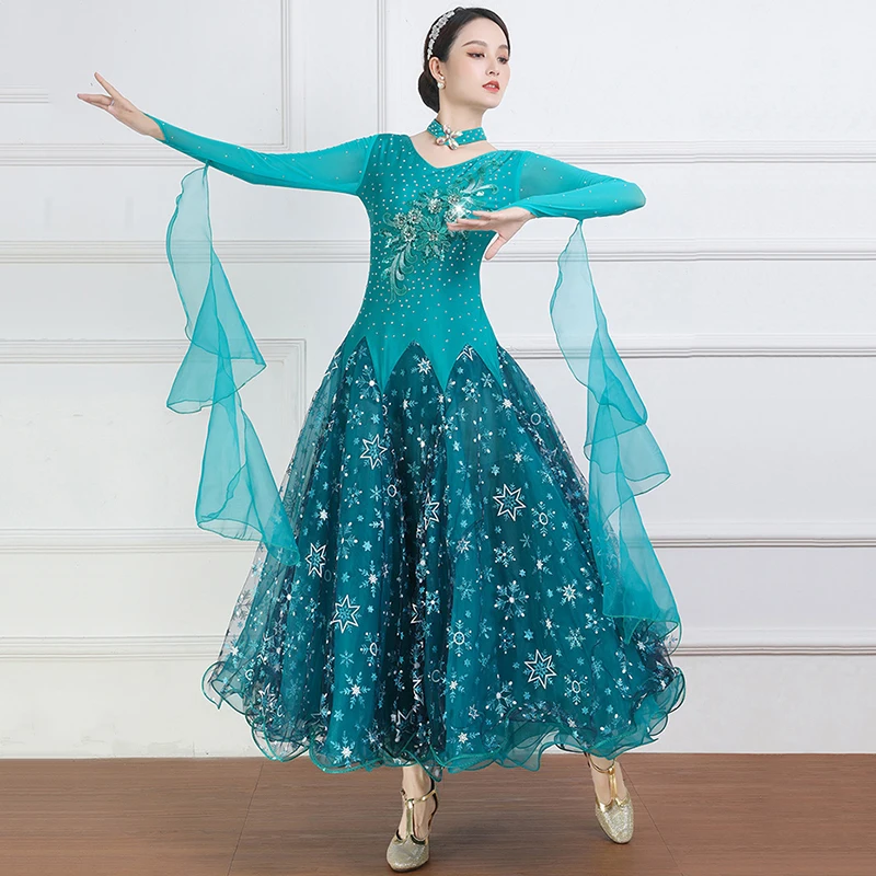 High-End Moderne Waltz Prestaties Kleding Lange Mouwen Strass Vrouwen Ballroom Concurrentie Jurken Volwassenen Stadium Dancewear