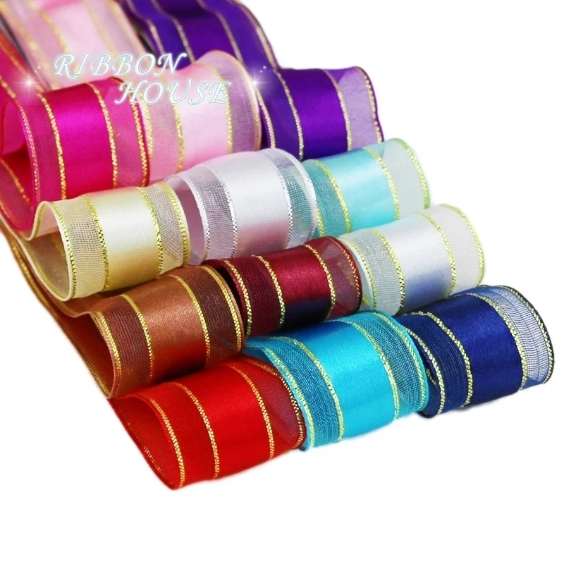(25yards/roll)25mm Gold Edged Satin Ribbon High Quality Gift Packaging Wedding Gold Ribbons Handmade DIY Decoration