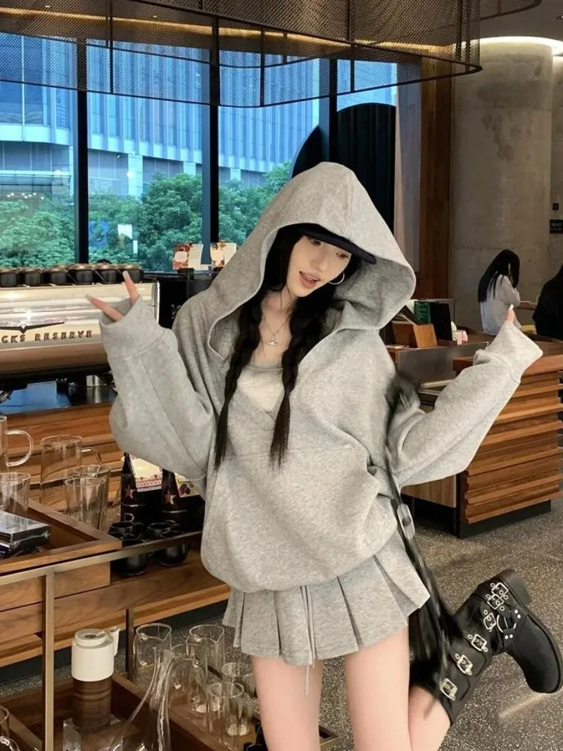 Solid V-neck Hooded Sweatshirt for Women Autumn Fashion Casual Loose Harajuku Hooded Korean Style Pullover Streetwear Y2k Tops