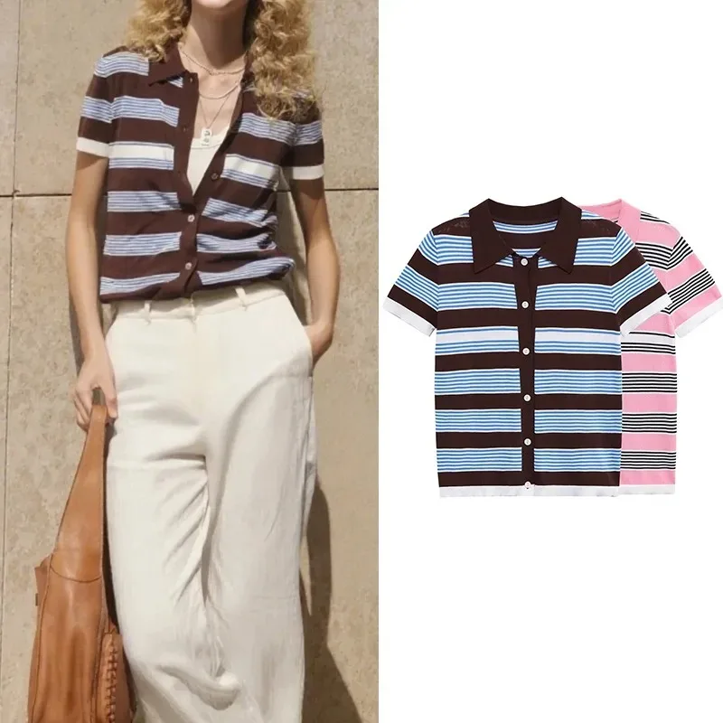 

TRAFZR Short Sleeve Cardigan Y2K Top Crochet Stripe Outerwears Gyaru Summer Bolero Cozy Sweaters Femmes Sweater Knit Crop Ladies