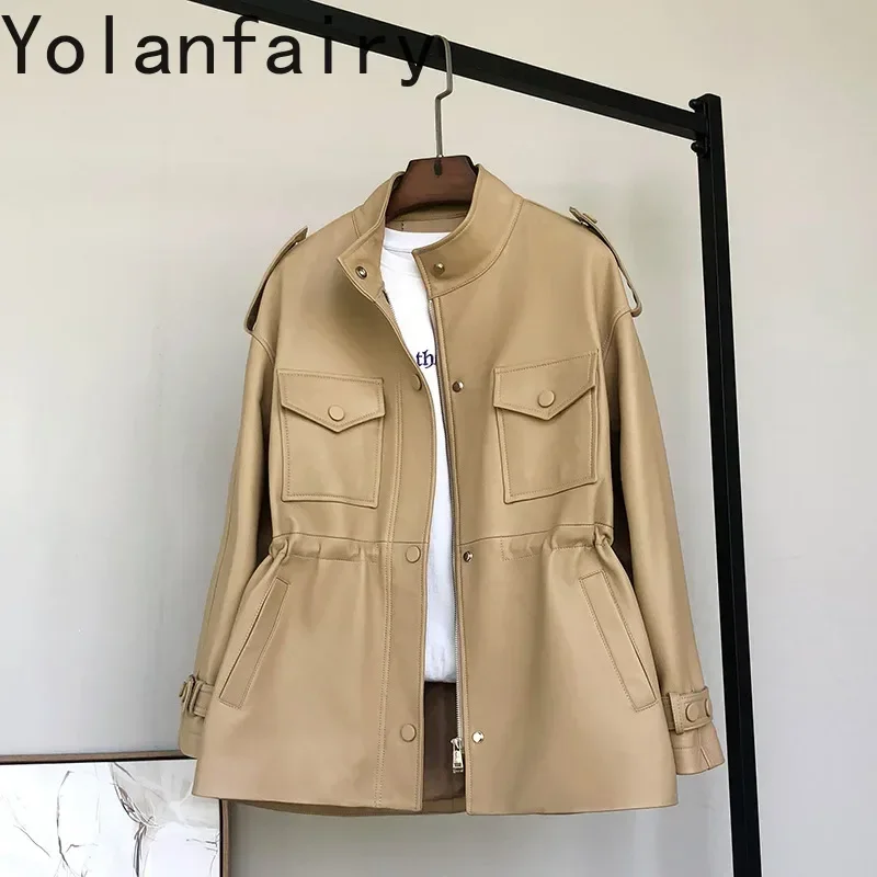 YOLANFAIRY Giacca in pelle da donna Donna Trench medio lungo in pelle di pecora naturale Abbigliamento femminile Autunno Jahжа Gesù Куртка Ж Dönusen