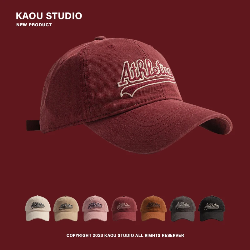 Letter Embroidered Peaked Cap Female Wine-Red Casual Retro Baseball Cap Men's All-Matching Hat