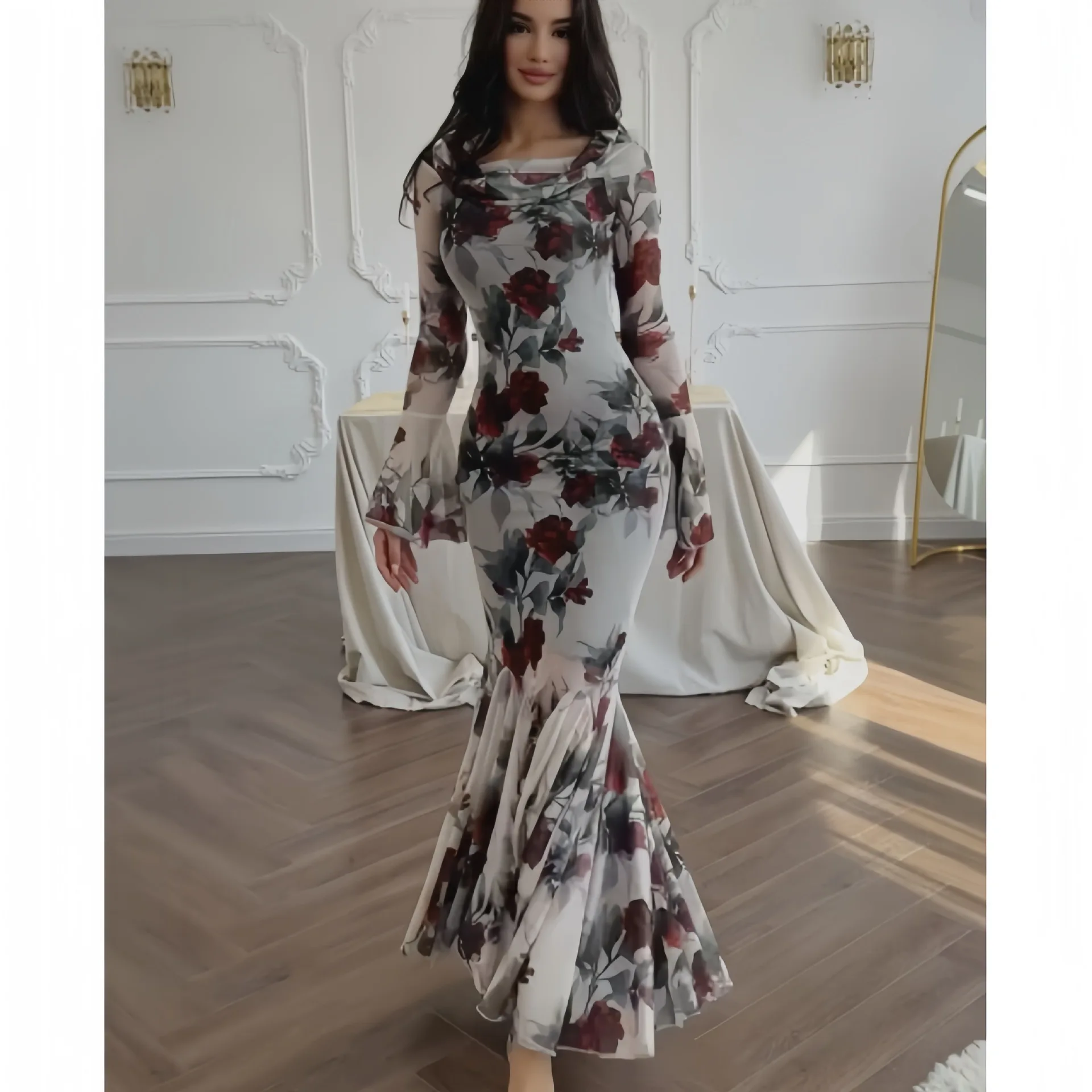 

Romantic French floral print long-sleeved dress fashionable simple and versatile temperament elegant vacation style high-end dre