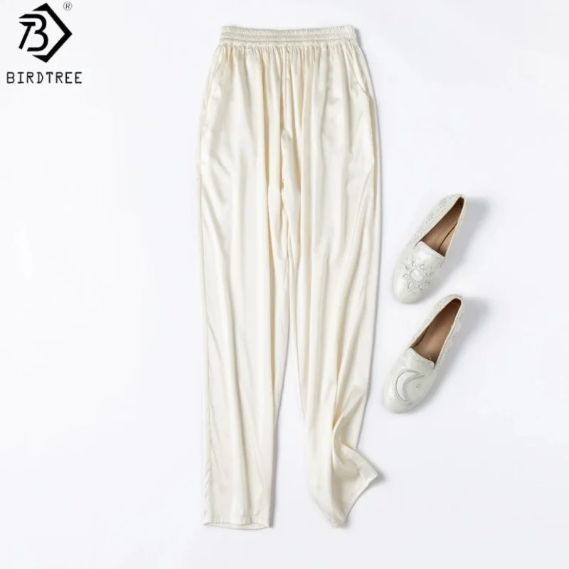 

Birdtree, 19MM 92% Silk 8% Spandex Harem Pants, Women Plain Satin Casual Soft Trousers, Elastic Waist, 2026 Summer New P65628JF