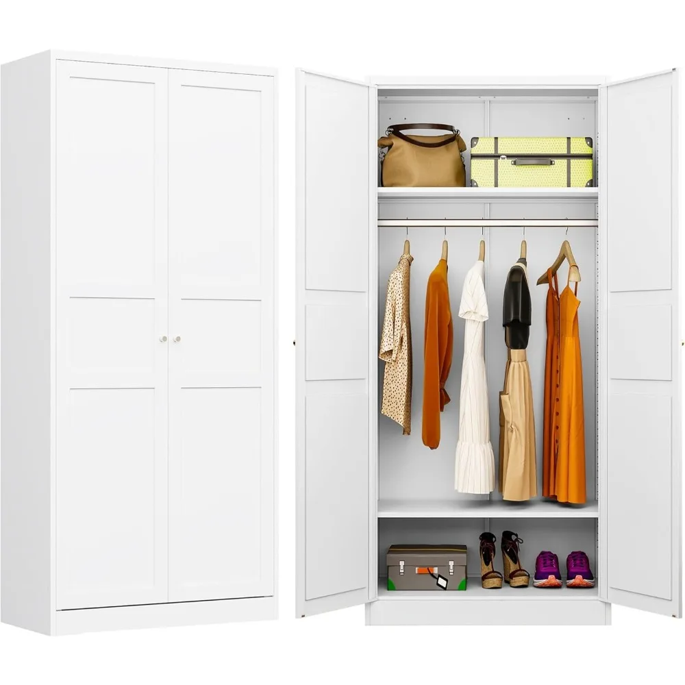 

Metal Armoire Wardrobe Closet with Doors, White Metal Clothing Storage Cabinet with Adjustable Shelves and Hanging Rod, 72" Ward