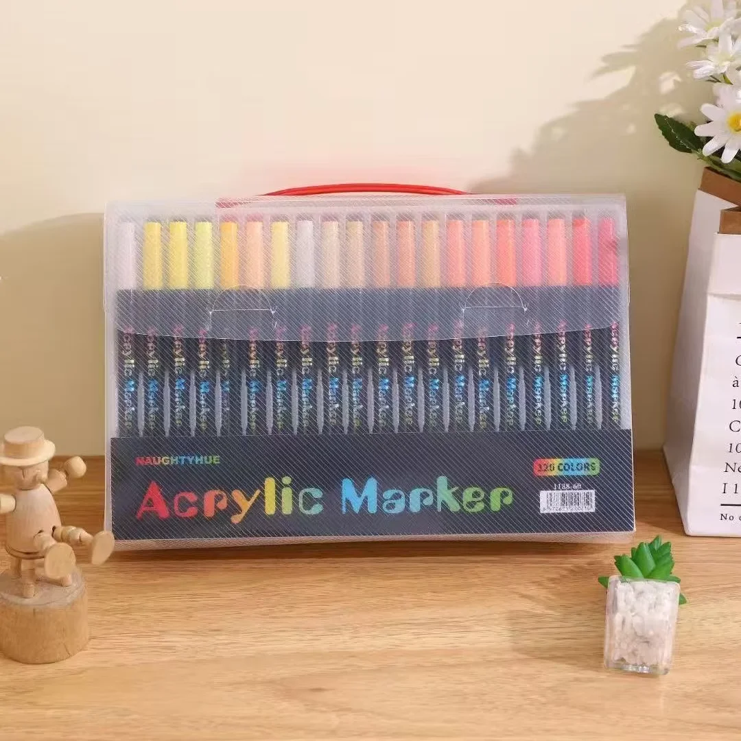 Professioneel kunstgebruik 24-120 kleuren acrylverfstiften, pennen met dubbele punt en borstelpunt, geschikt voor steen, hout, kalligrafie
