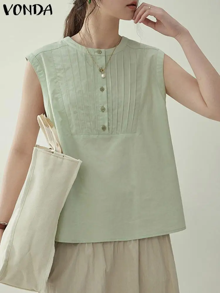 

VONDA Fashion Sleeveless Tops 2024 Summer Women Sexy Solid Color Blouse Tank Casual Loose Shirts Round Neck Blusas Femininas