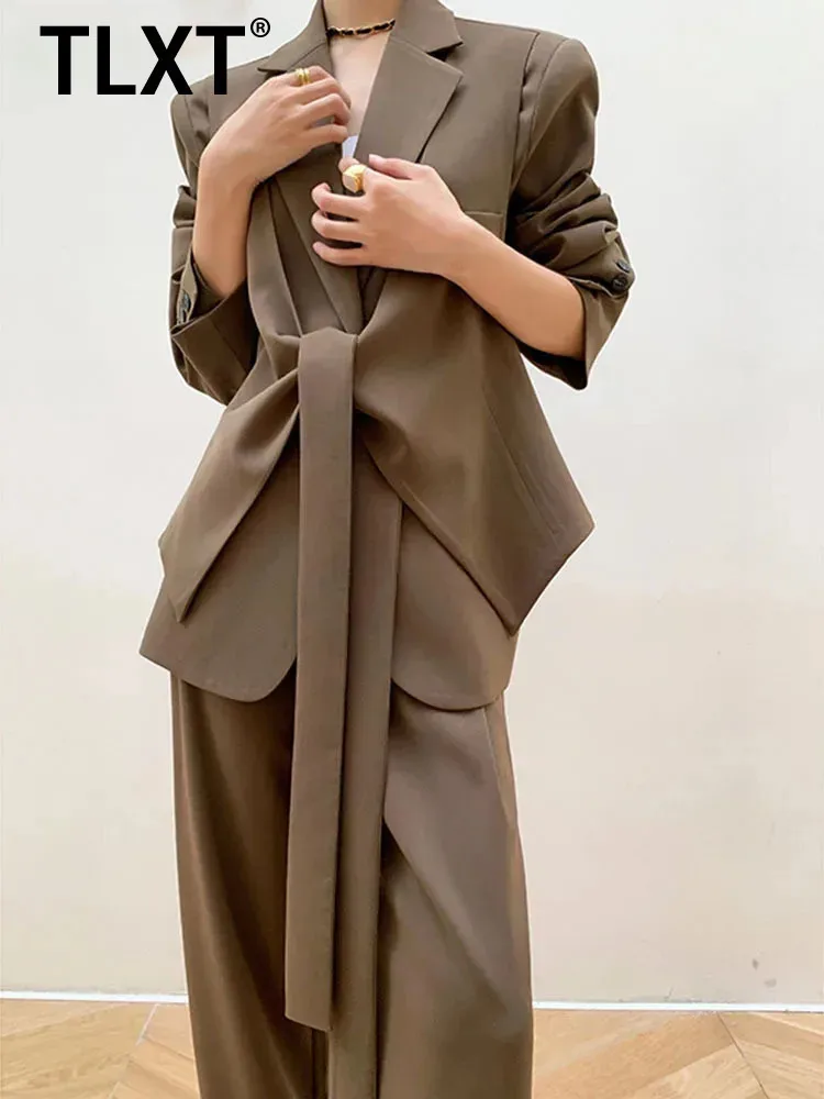 

TLXT Fashion Designer Trend Blazer Set Women Set Niche Casual Fake Two Piece Lace-up Blazers Sets Female 2024 Autumn New XK1076