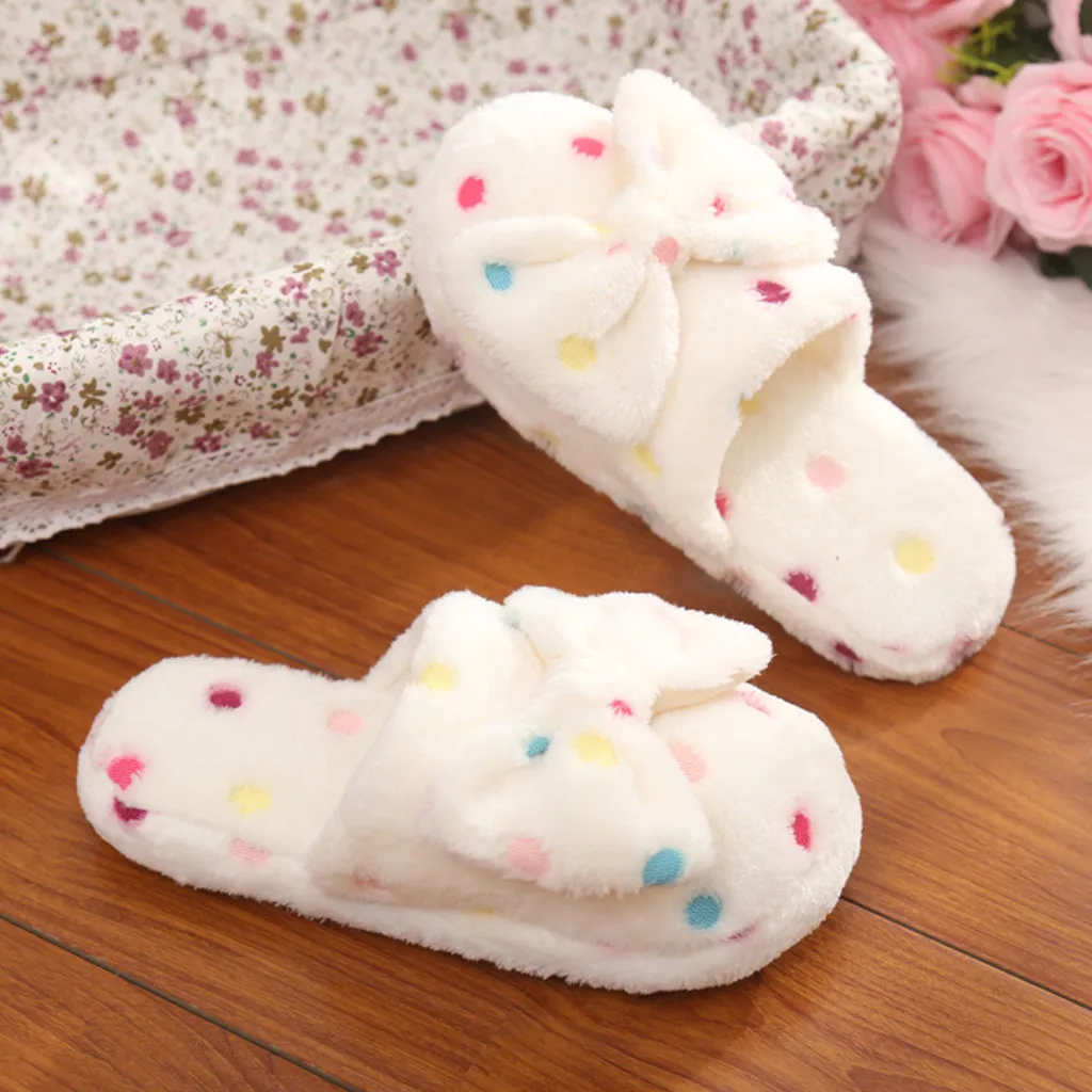 Women\'s Warm Home Slippers Cute Autumn Winter Bow Warmth Thick Plush Non-Slip Leisure Shoes Soft Bedroom Floor Flat Slides