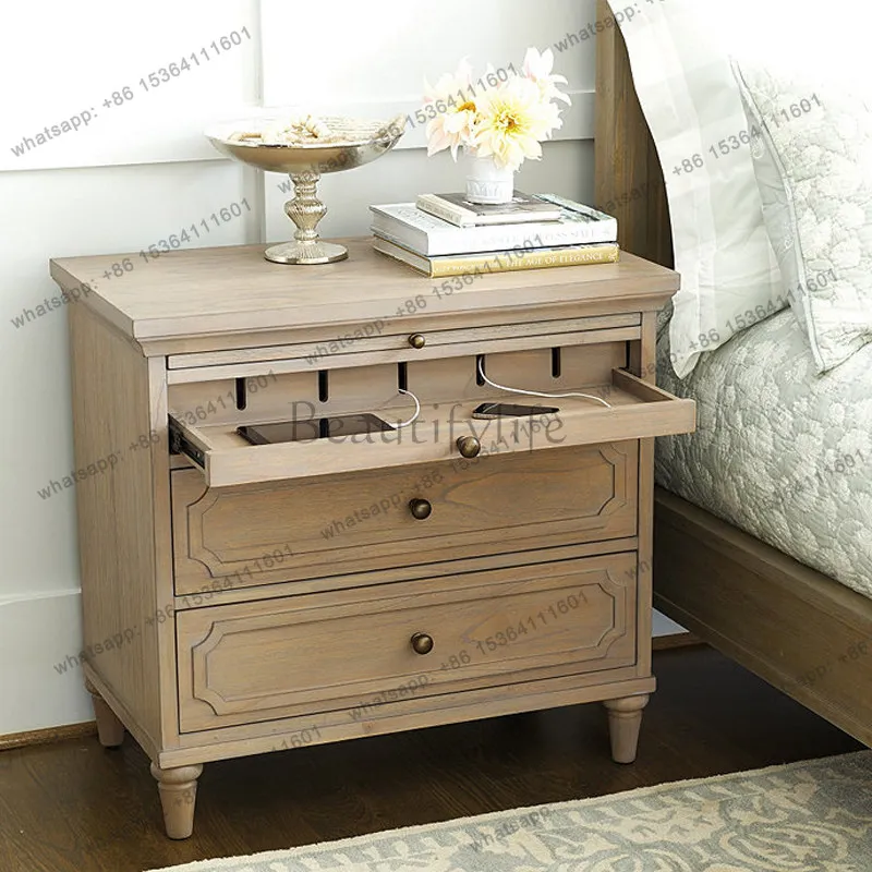French Multifunctional with Socket Pull Board Drawer Bedside Table Nordic Villa