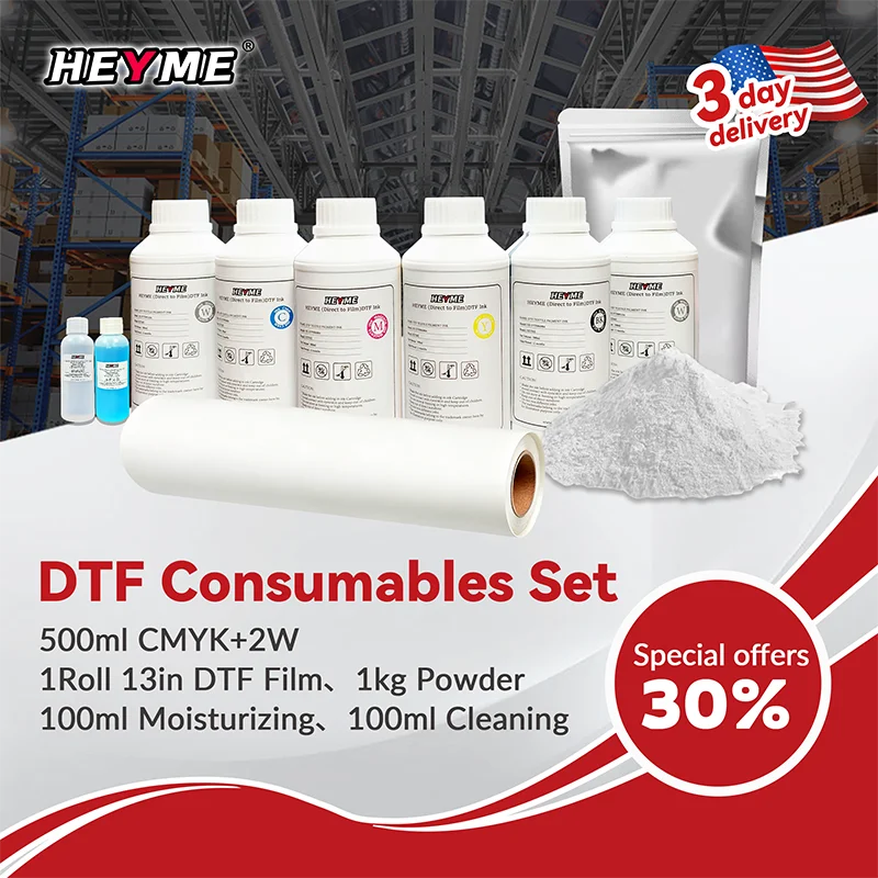 

DTF Printing Supplies Set 500ml CMYKW Ink 13in Hot Peel Transfer Film 1kg 2.2lb Hot Melt DTF Powder for T Shirt Heat Transfer