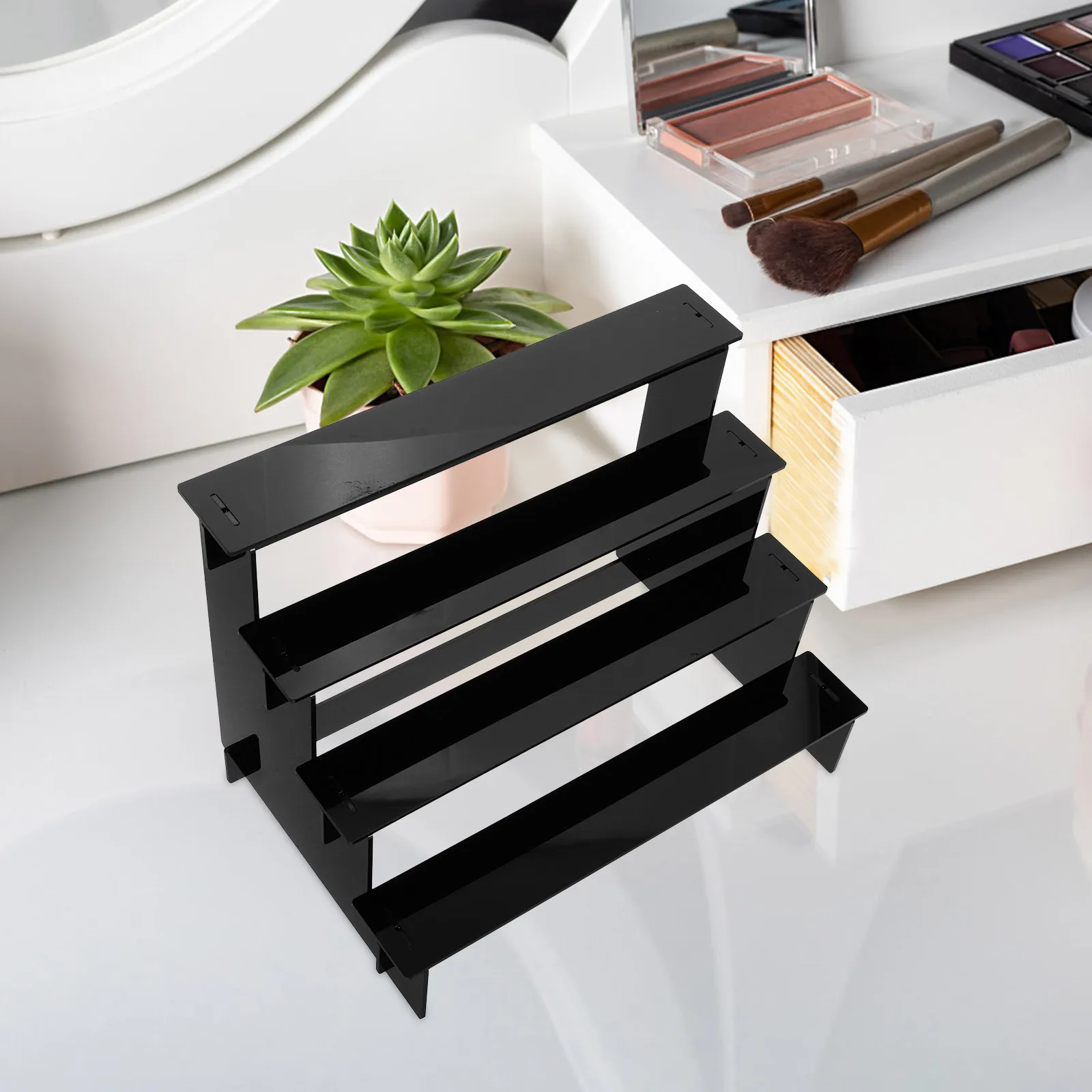 

Black 4 Tier Acrylic Perfume Shelf Organizer for Vanity Countertop Skincare Makeup Bathroom Display Stand Acrylic Shelf