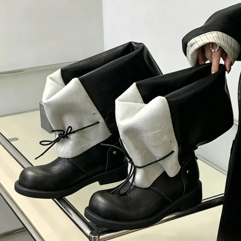 Designer Turned-over Edge Detail Ankle Boots Women Thick Square Heel Lace-Up High Boots Pleated Foldable Botines Zapatos Mujer