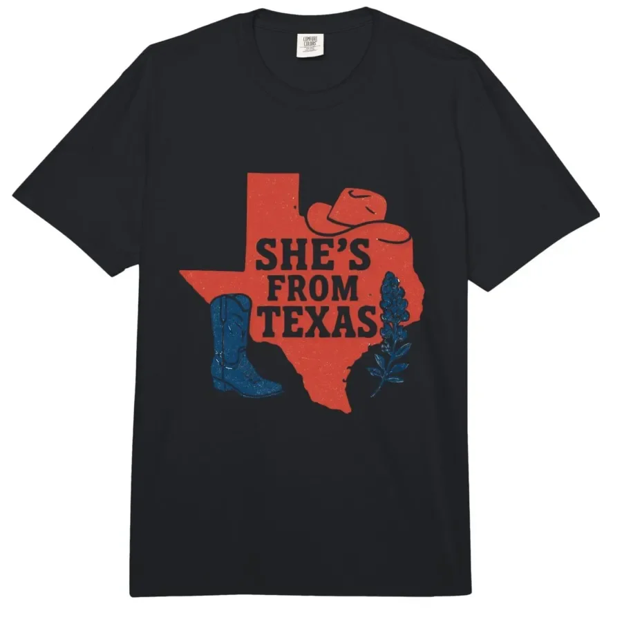 She's from Texas, Wildflower Bluebonnet Texas Love, Boots T-shirt For Men Women 100% Cotton T Shirts Short Sleeve Tops 0420-1