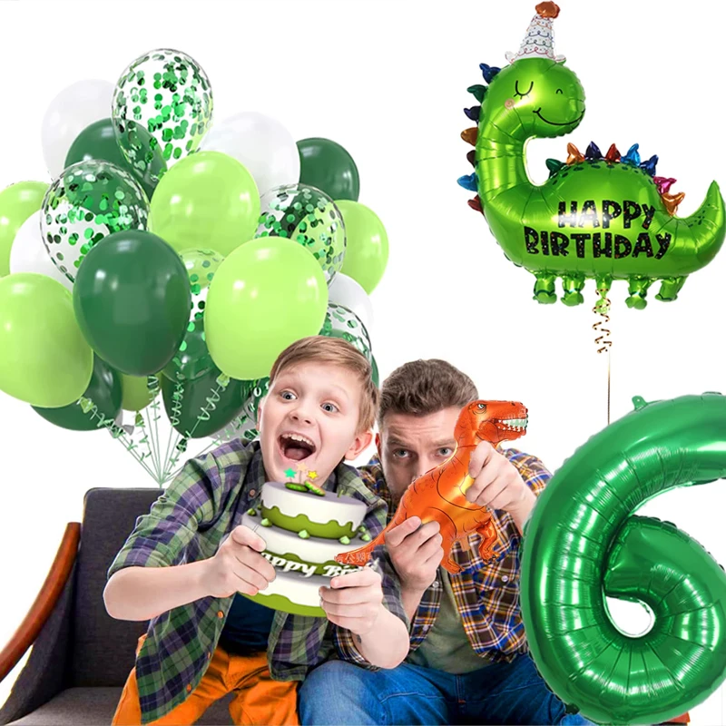 Dinosaur Foil Balloons Happy Birthday Party Number Balloon Decorations Green Numbers Balloon Dinosaur Theme with Friends