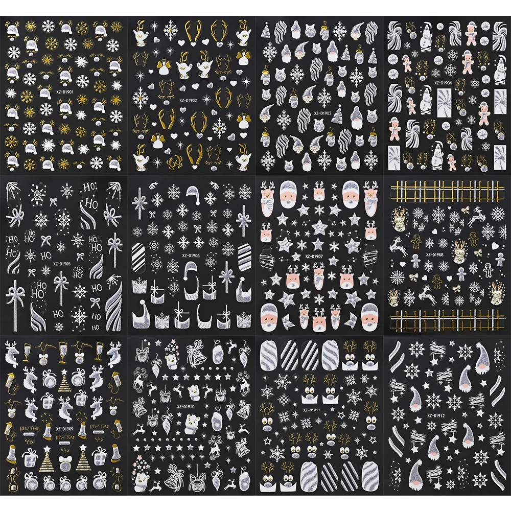 1 szt. Naklejki na paznokcie 3D w kształcie złotego łosia, świąteczne, brokatowe płatki śniegu, Święty Mikołaj, zimowe, śnieżne naklejki samoprzylepne, urocze naklejki noworoczne