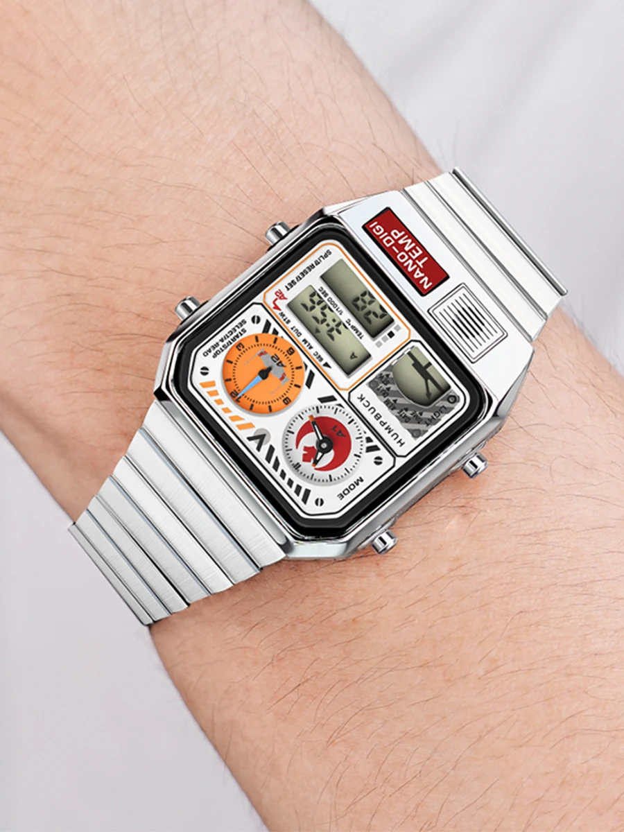 ساعة HUMPBUCK بتصميم كلاسيكي مقاومة للماء رياضية مع كرونوغراف 1/1000 ثانية وساعة بإضاءة LED للرجال