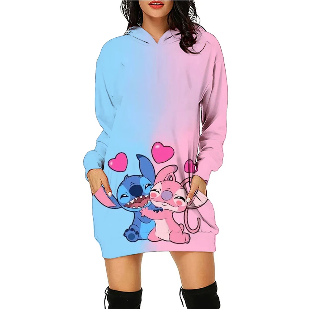 Kawaii Disney Stitch Women\'s Hoodies Dress Ladies Fashion Leisure S-3XL Youthful Woman Clothes Lovely Black Hoodie Winter Y2k